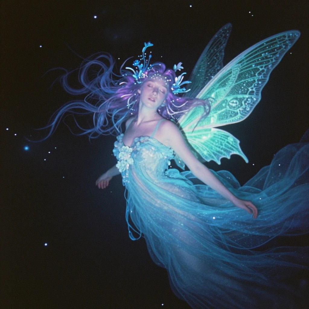 # Celestial Dreamer A ethereal figure floats through a cosmic void, her lavender-tinted skin glowing softly against the starlit darkness. Voluminous w