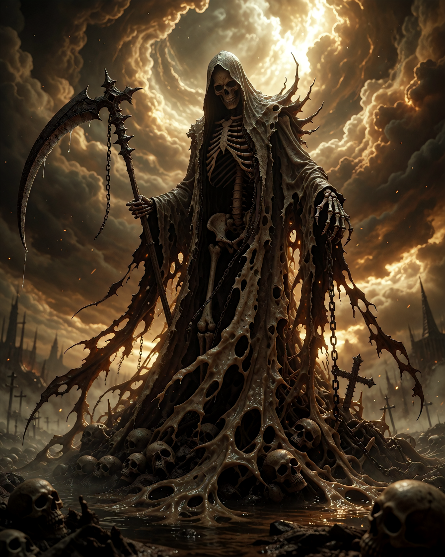 A towering, skeletal Grim Reaper figure dominates the center of the frame, standing amidst a desolate, hellish landscape. The figure is a massive skel