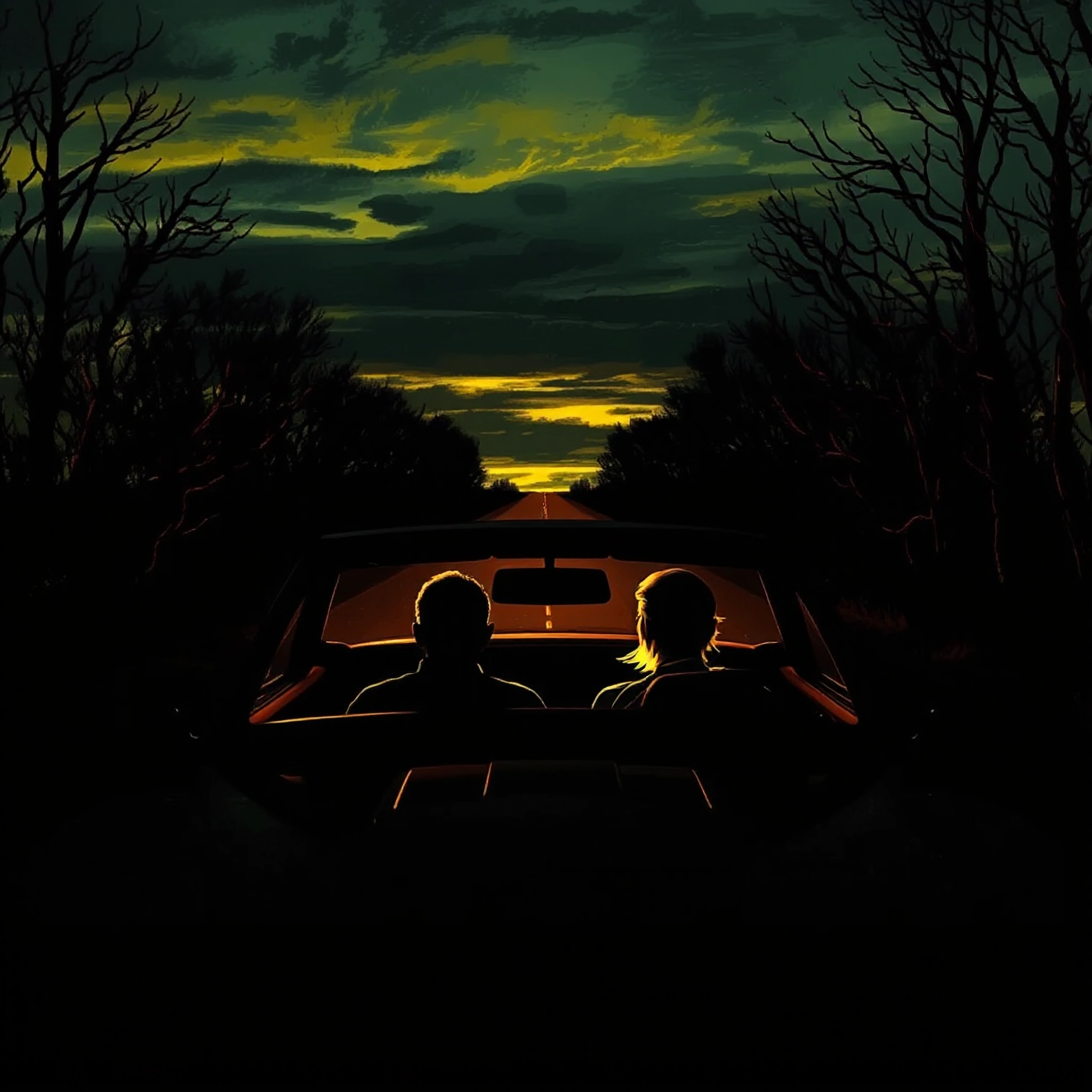 Family of four silhouetted in a Corvette at dusk, Rembrandt chiaroscuro—amber interior light pooling across half-lit faces, road dissolving into black, skeletal trees framing both sides like bone colonnades, sky bruised sulfurous yellow collapsing to