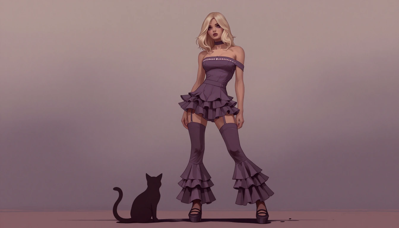 Woman blonde hair, 1970s style frilly bellbottoms and tube top, dark pastel Goth, with a cat