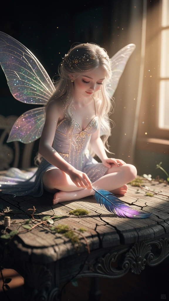 A dazzling, ethereal fairy woman with shimmering, iridescent wings sits gracefully on an ornate wooden table Her delicate features are framed by flowi