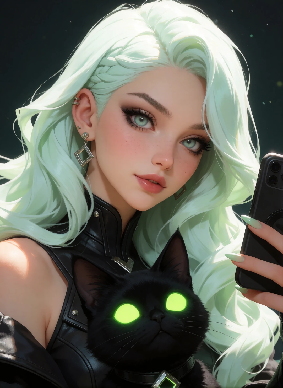 Beautiful woman, platinum pastel green hair, taking a selfie with her cat, Tech Noir