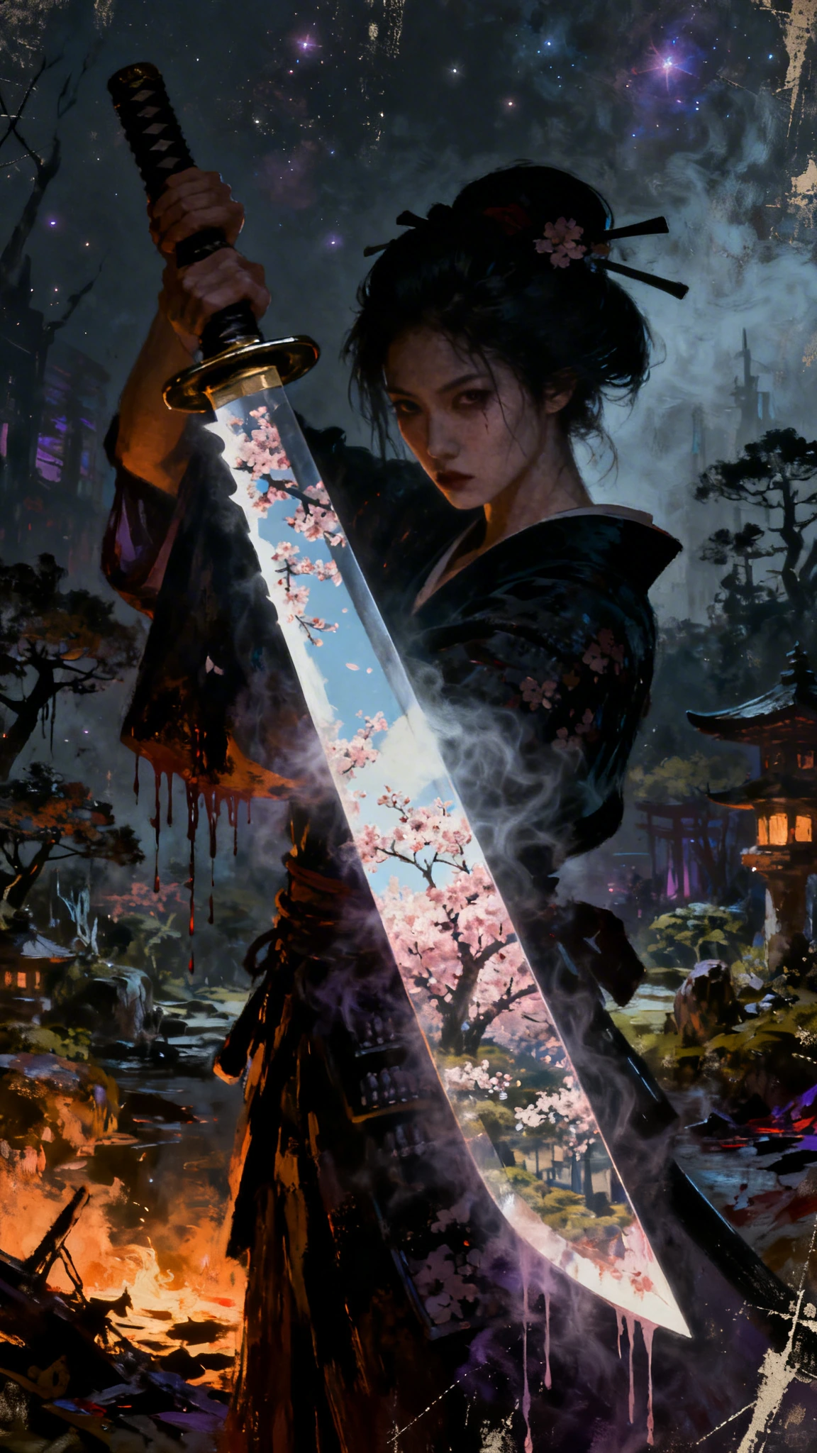 Ultra-high-quality digital artwork in 8K HD resolution depicting a stunning samurai geisha brandishing her katana above her head. A double-exposure reflection of a landscape of cherry blossoms is mirrored on the immense blade. A surreal atmosphere in