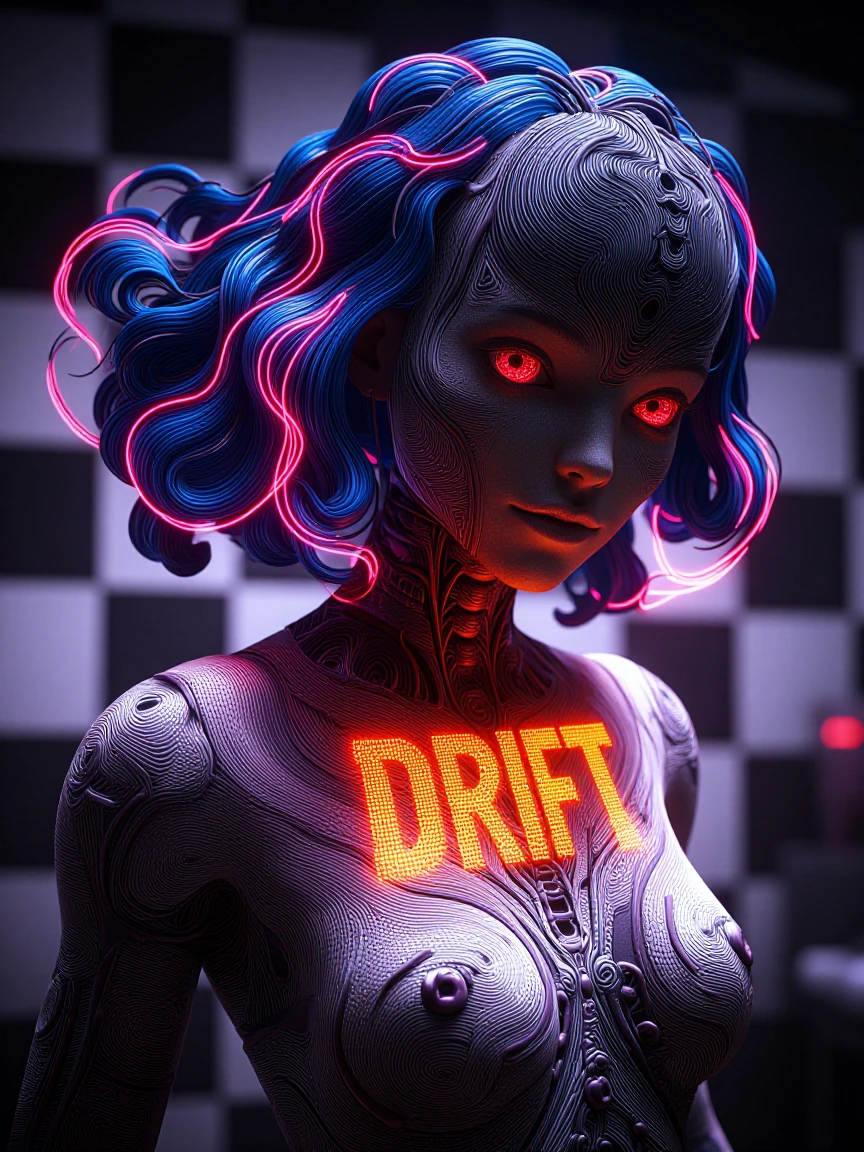 A futuristic cyborg, 3D render, Op Art aesthetic. ​The "Drift" Layer (To create flow): The cyborg's nanobot skin is textured with repetitive, fractal 