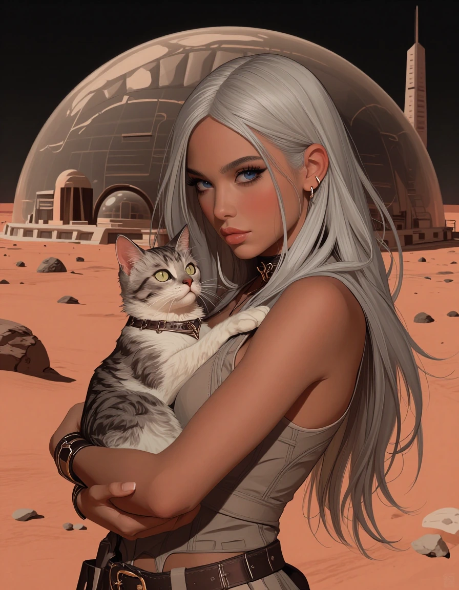 Beautiful woman, silver hair with a cat A futuristic domed city on Mars, sci-fi, comic aesthetics