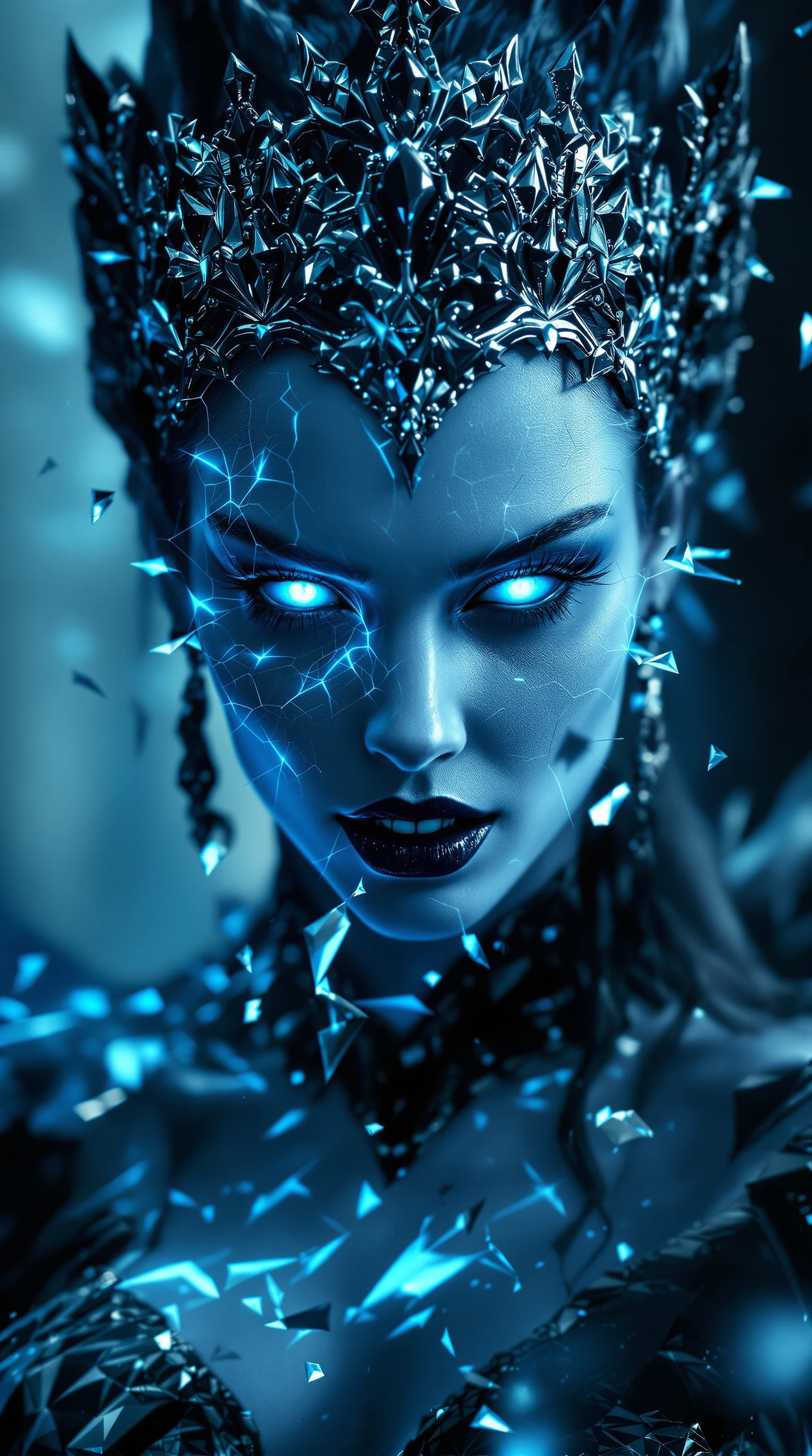 In a dramatic, first-person view, the beautiful, luminescent blue porcelain-skinned vampire from the image begins to transform into a fearsome werewolf. Her intricate, metallic crown remains as her defining feature, but cracks begin to form on her po