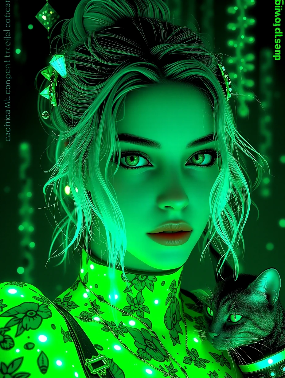 Beautiful woman, emerald green, spring floralpunk, platinum ombre hair, messy bun style, with a cat, emerald city, nature attire, all green shades, da