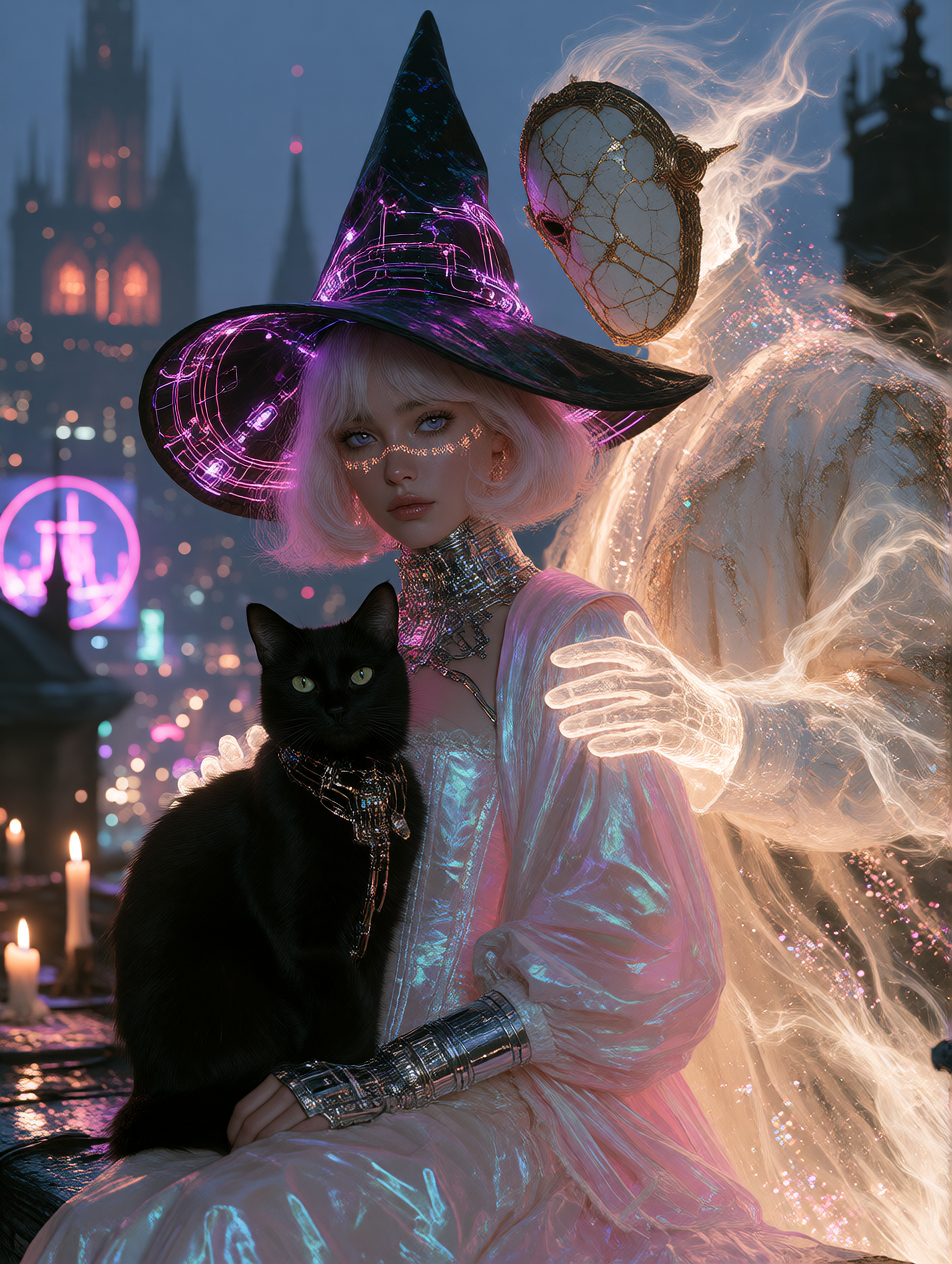 Dreamy, eerie fine-art portrait of a cyberpunk witch on a rain-slicked rooftop at night. She has a sleek platinum-lilac bob with neon violet streaks and wears a tall pointed witch hat of black holographic latex rimmed with thin glowing magenta circui
