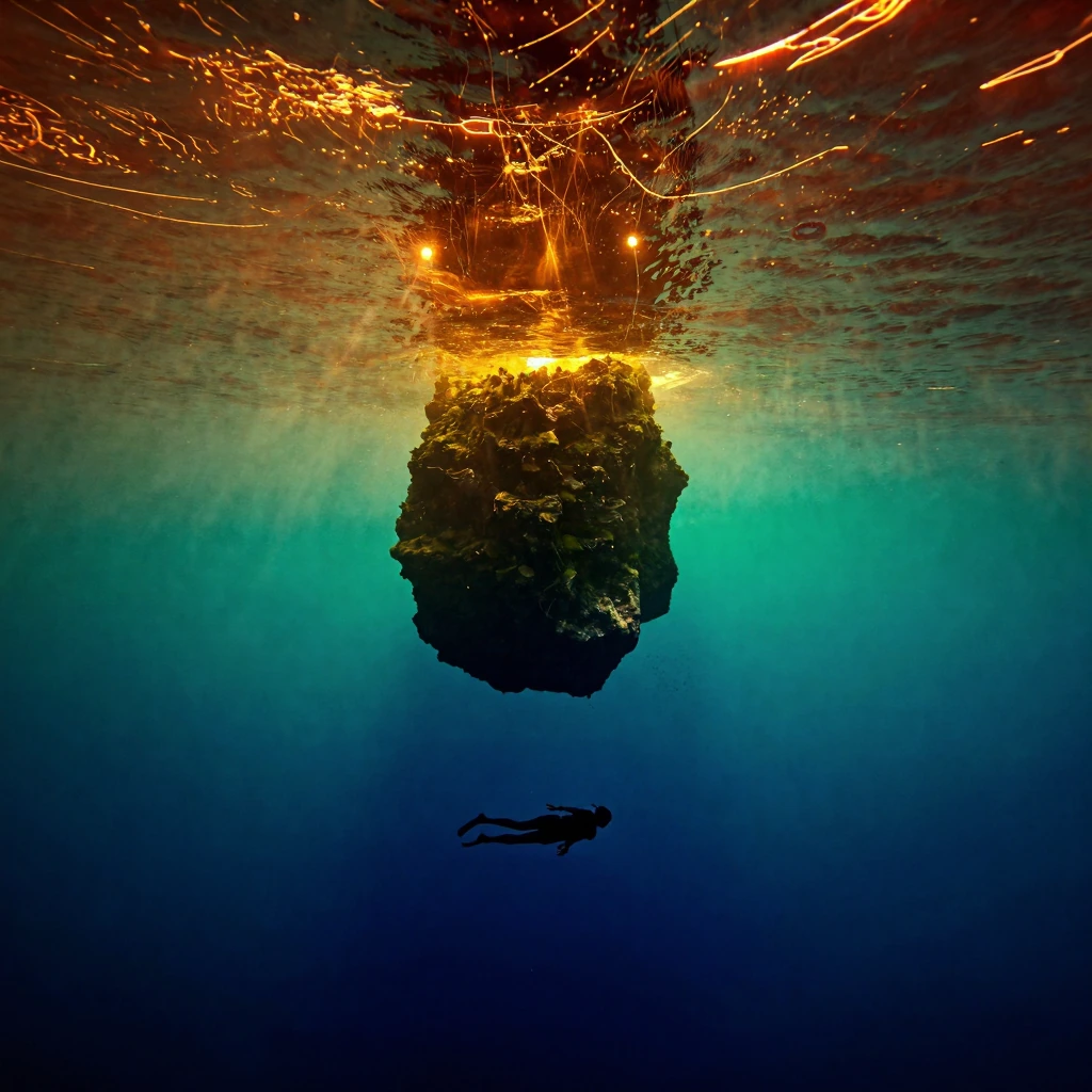 Sunlight fractures in thin, golden filaments through the waterâs surface, casting elongated beams that illuminate suspended particles drifting lazily upward. Below, a diver floats weightless, arms slightly splayed, silhouetted against the luminous 