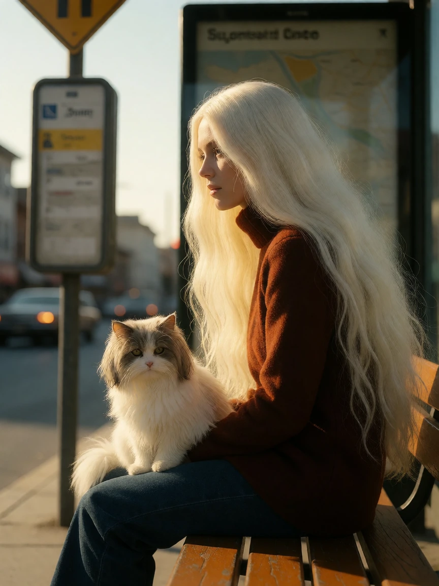 Photograph from the 70s. Woman long flowing platinum hair with a cat waiting at a bus stop. Maltese on her lap.