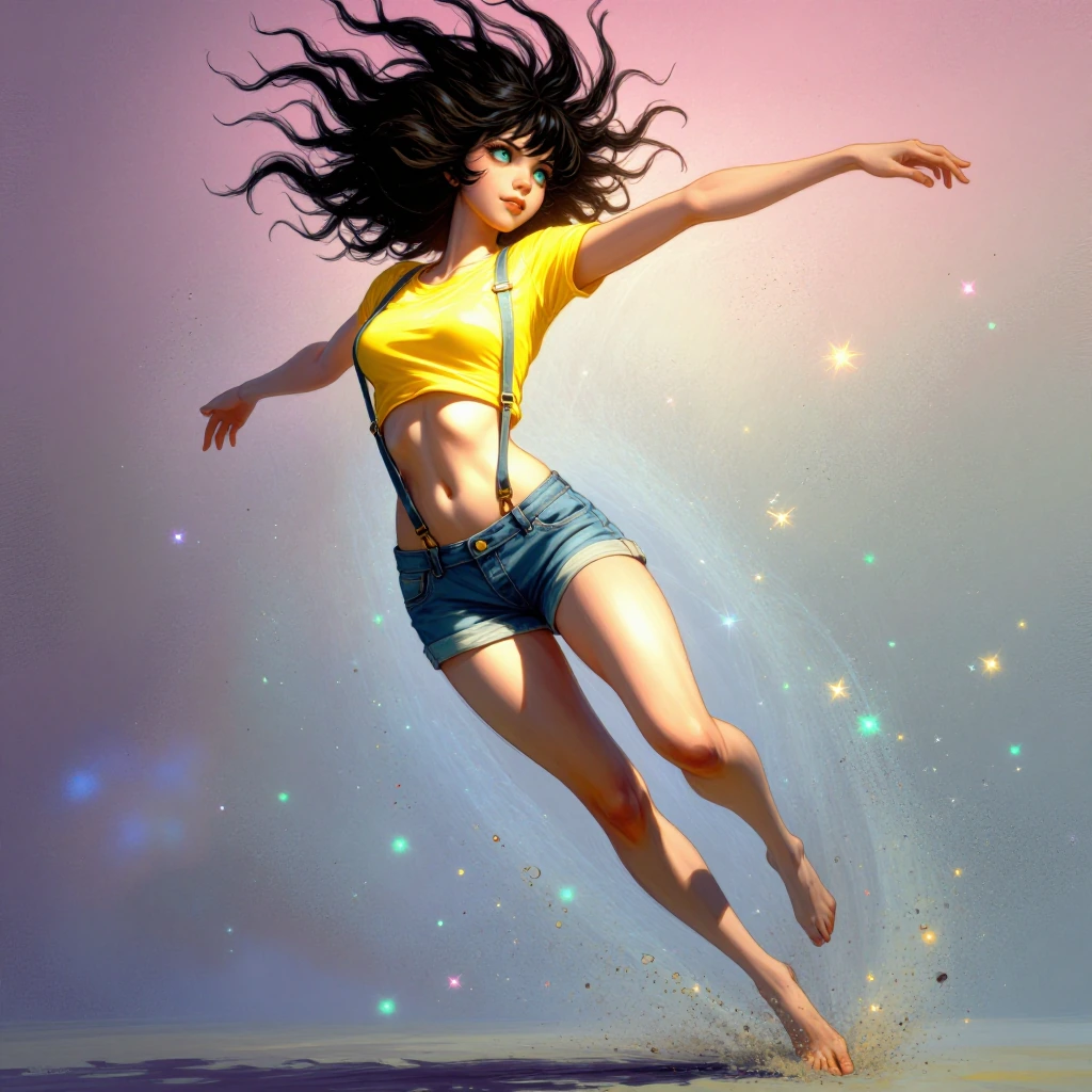in the style of Michael Komarck, battle-scenes, contemporary, fantasy, illustration, painting. detailed illustration. The curvy cosplayer in a yellow 