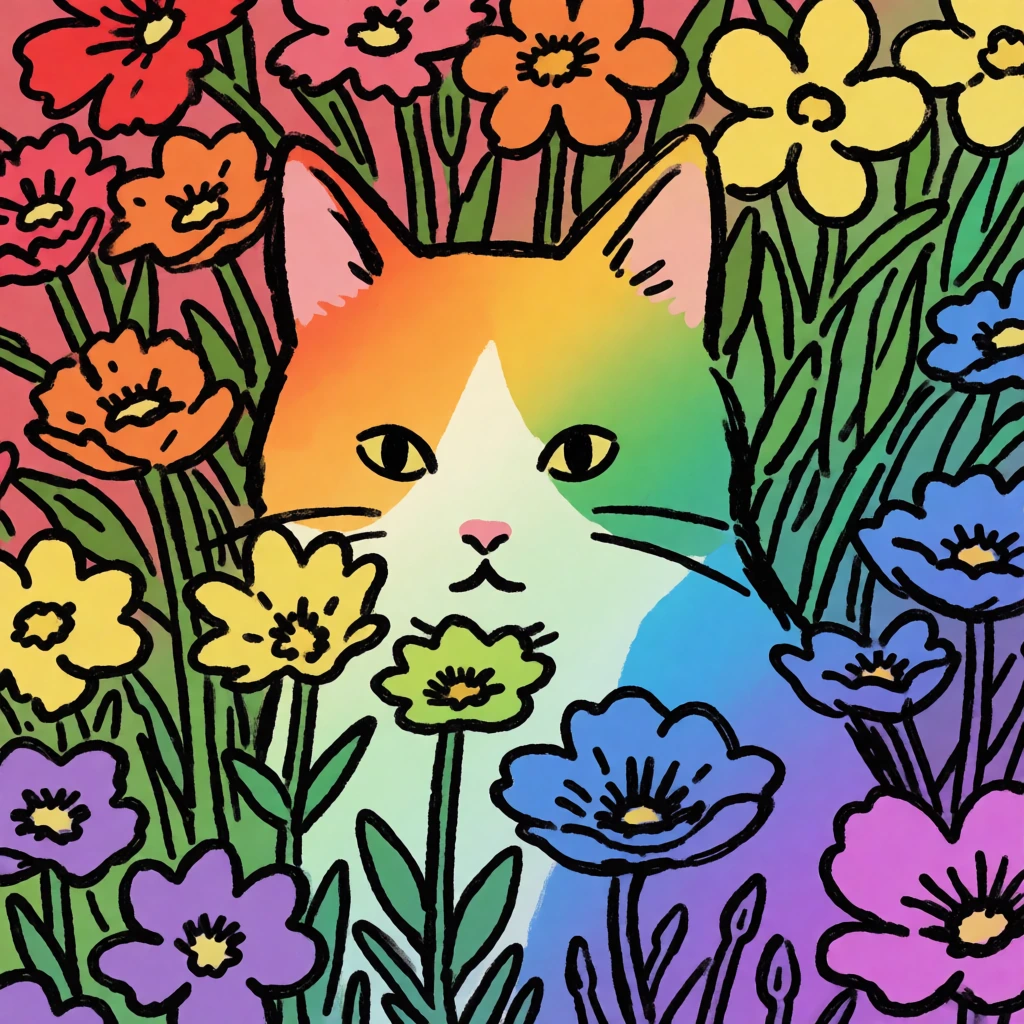 A cat hiding in flowers. Rainbow colors, flat illustration with thick ink lines. Artsy.
