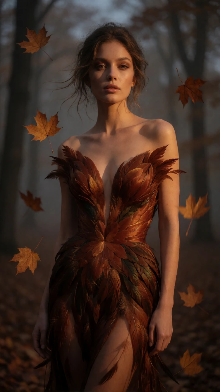 Seductive highfashion model wearing revealing couture feather attire: strapless bodice of russet and amber plumage, plunging neckline, bare shoulders, sheer featherpanel skirt with daring high Goldenhour light through misty autumn forest. Falling map
