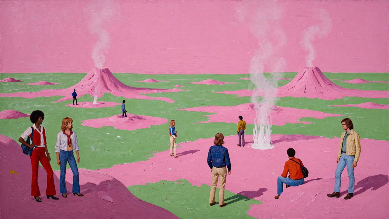 surreal alien planet landscape with pink and green terrain, active volcanoes and geysers, figures in 1970s vintage clothing, thick impasto paint, distorted forms, high energy, raw and messy, Warped model aesthetic