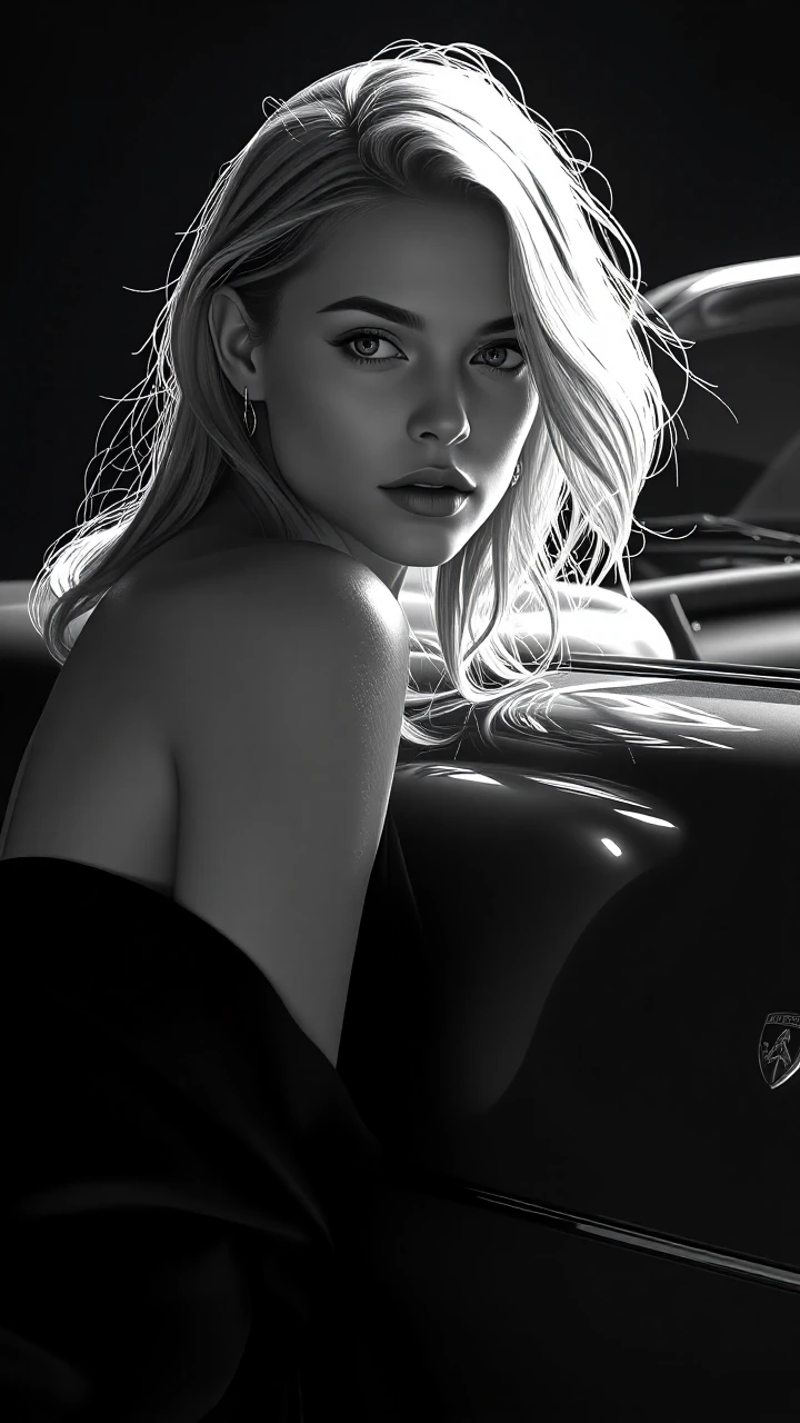 Blonde model leaning against a sleek sports car, shot in high-contrast black and white with dramatic side-lighting that casts sharp shadows across both her face and the car's curves, emphasizing geometry and form. Cinematic 1970s fashion editorial st