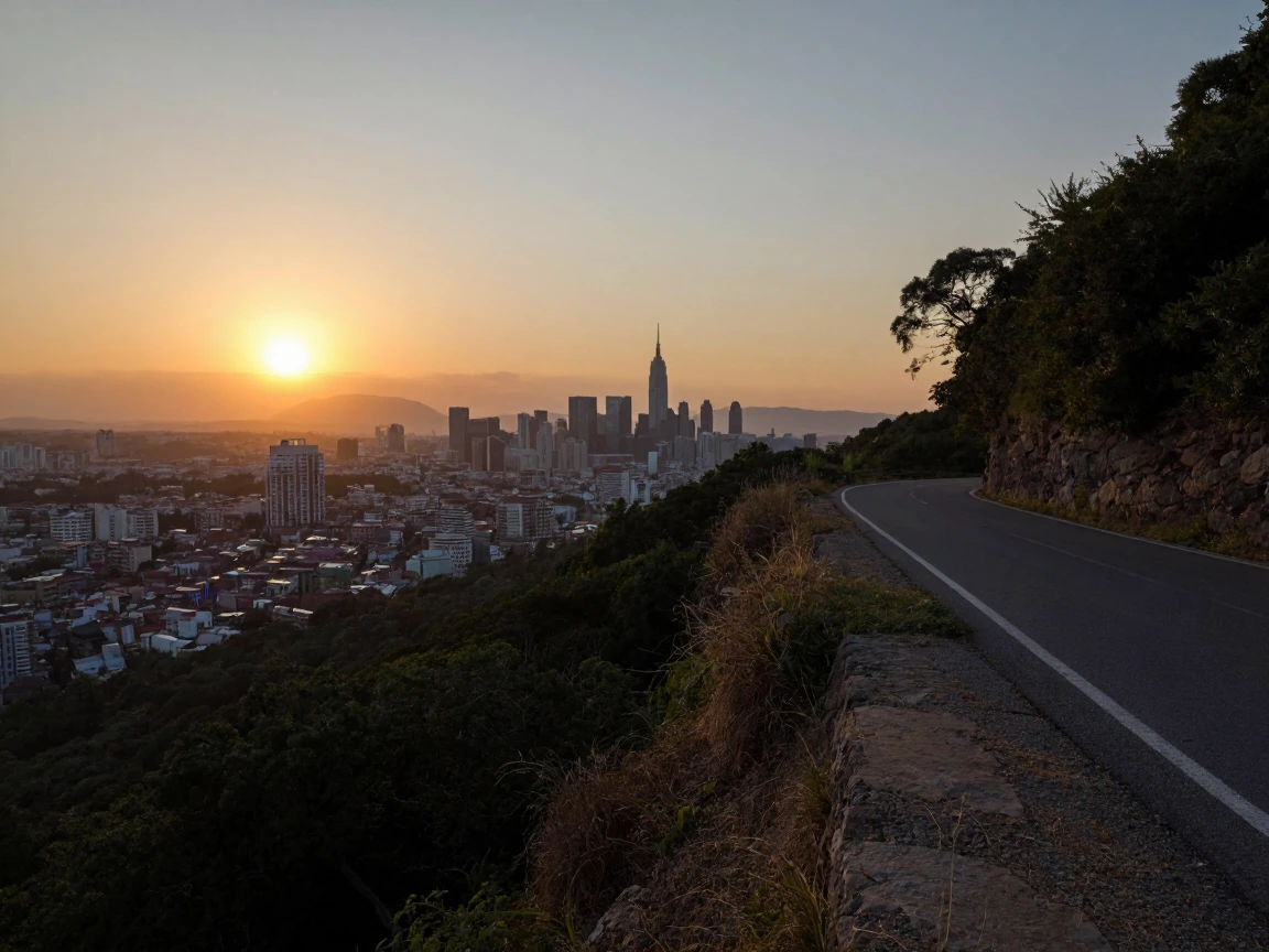 A sunset from a windy road cliff overlooking a city at dusk