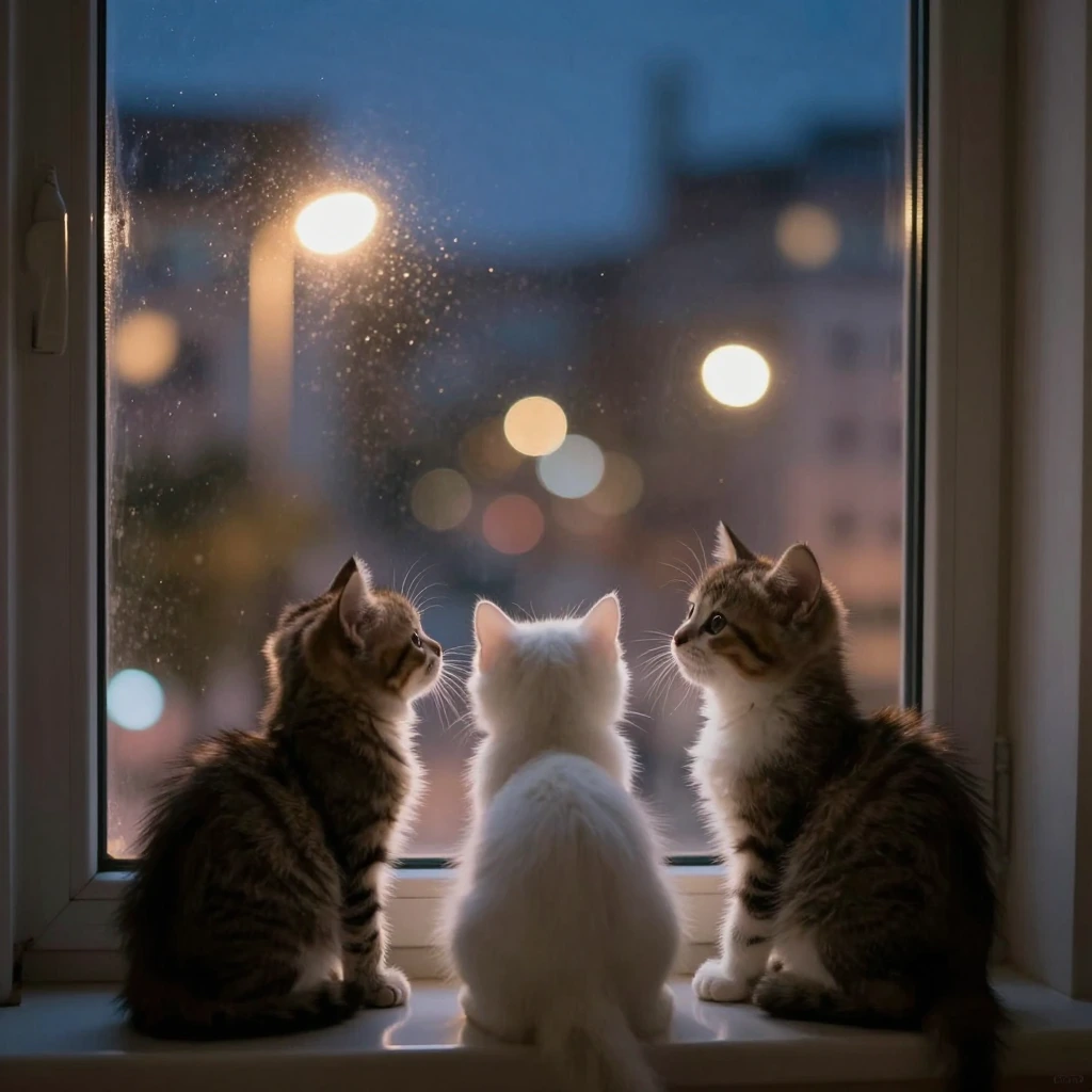 Kittens in front of a window at night. City lamps and lights