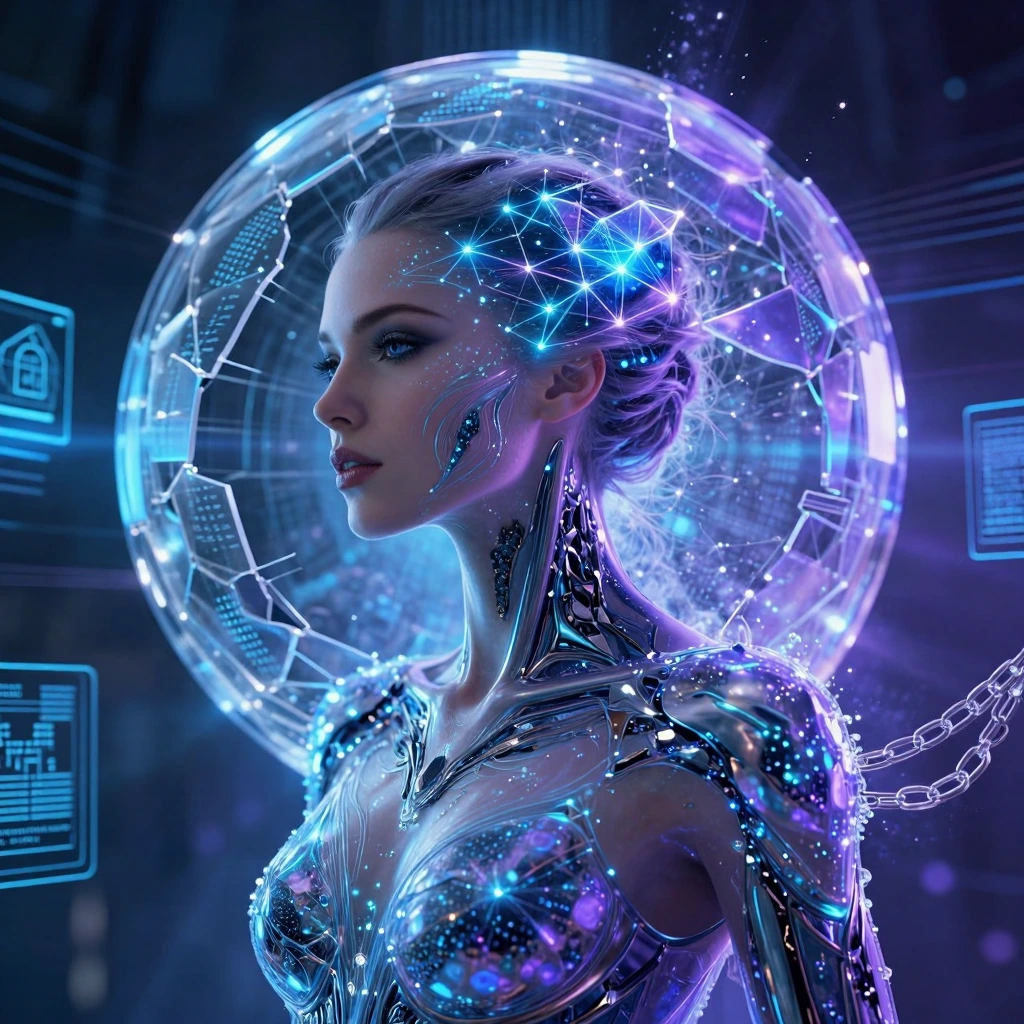 futuristic cyborg oracle woman with sleek metallic features blending with organic bioluminescent elements, emerging from a shattered holographic sphere, neon blue and violet light fracturing through crystalline structures, double exposure of her face