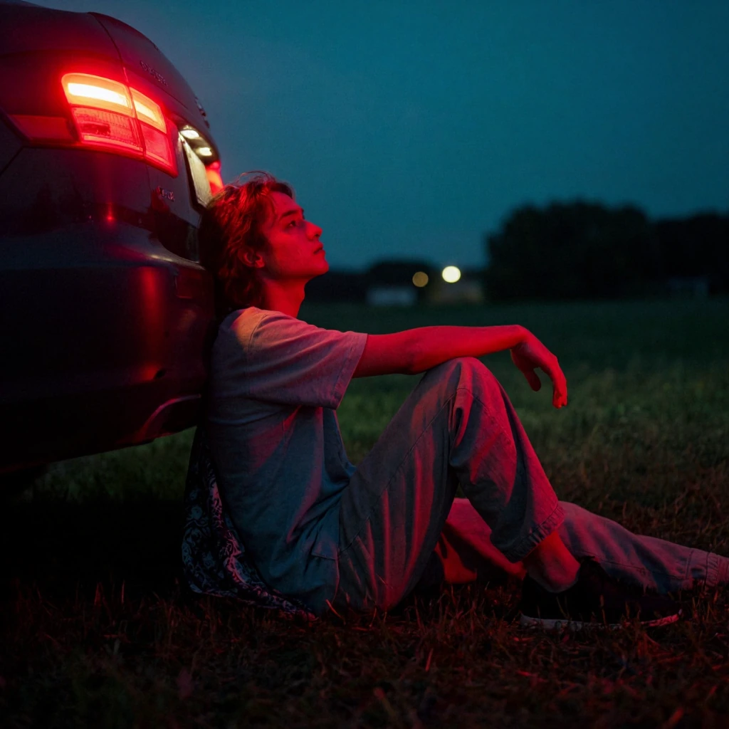Image from subject, low-angle vertical shot, subject sitting on the ground leaning back against the rear bumper of a vehicle, relaxed posture with head tilted back looking away. Wearing a loose-fitting light-colored t-shirt, light trousers, and a pat