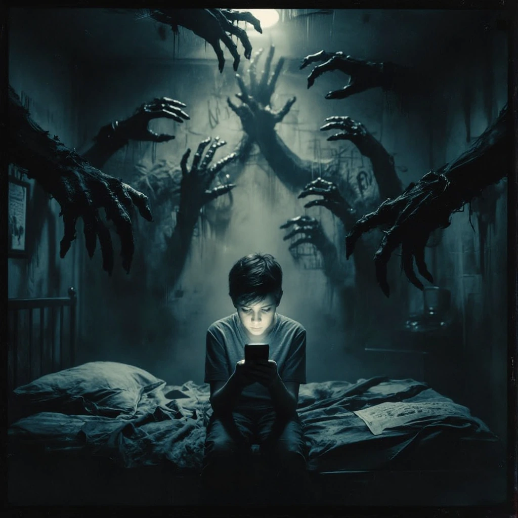 A spellbinding photograph, reminiscent of a film still, depicting a solitary boy in a dark room with cool tones, sitting on an unmade bed and staring intently at the glowing screen of a smartphone. The boy’s face is illuminated from below by the phon