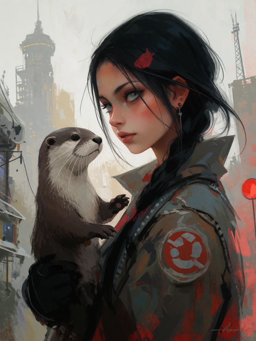 Woman and an otter, dystopian style