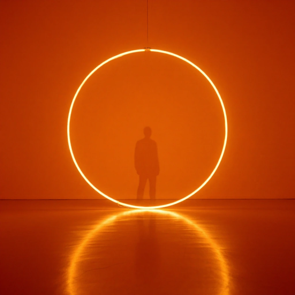 Monochromatic space. He is positioned within large, glowing yellow neon circles that appears as thin streaks of light against a solid, vibrant orange wall. The floor is a highly reflective dark orange surface, creating a clear vertical reflection of