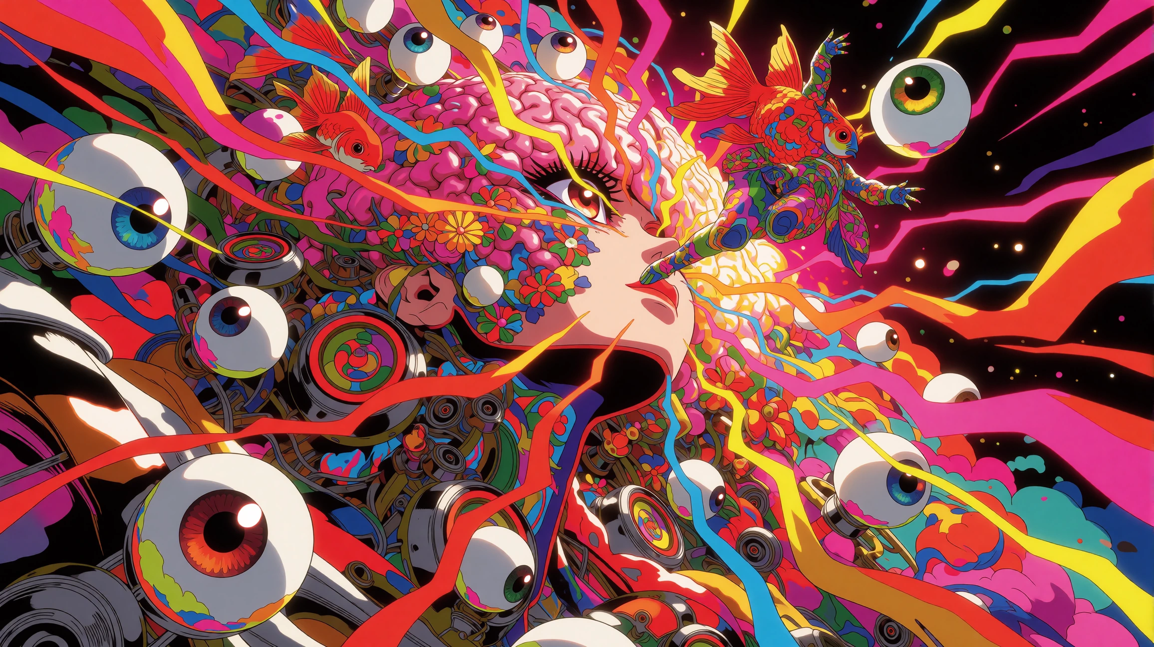 16:9 cinematic animation keyframe, Yume v6 on Mirrorize, industry splash for a highgrade psychedelic action sequence. ARTSTYLE 1:1 TO MIDLIBRARY "Keii