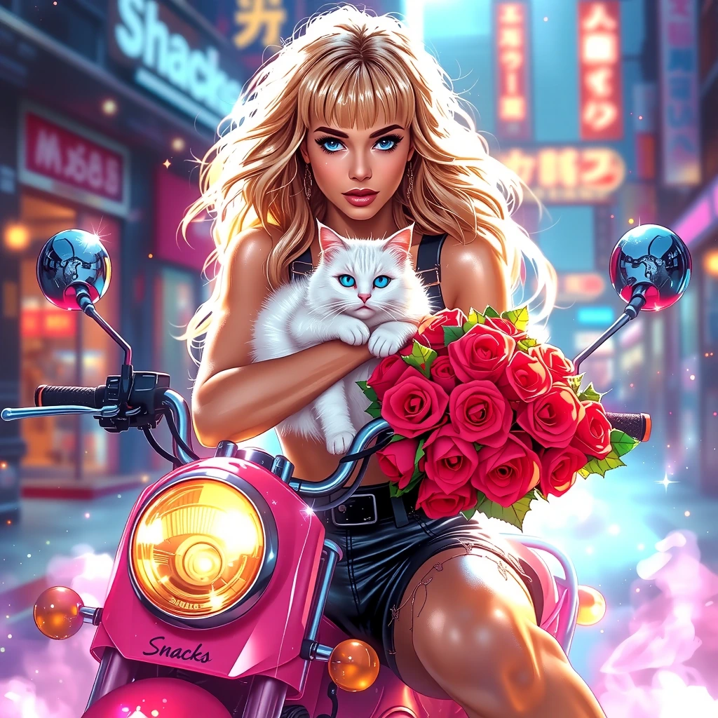 A striking digital illustration features a woman with voluminous wavy light blonde hair and striking blue eyes, styled with bangs. She wears a black crop top and leather shorts with buckle details, perched on a pink vintage motorcycle labeled "Snacks