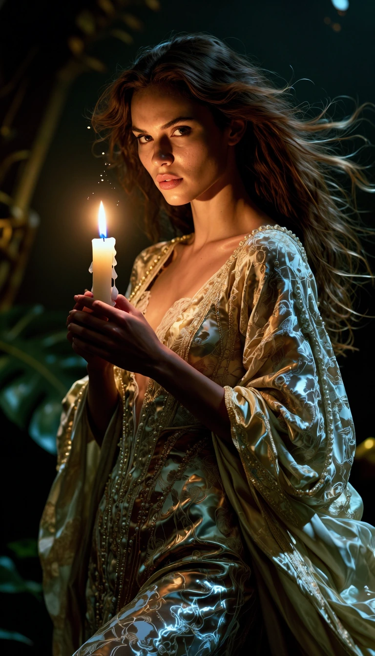 An interactive, full‑body, photoreal 3D model of an adult queen in a bold, dramatic, suggestive yet non‑explicit and glorious pose, holding a single candle. Anatomy and expression: lifelike face with micro‑expressions, natural skin pores, subtle asym