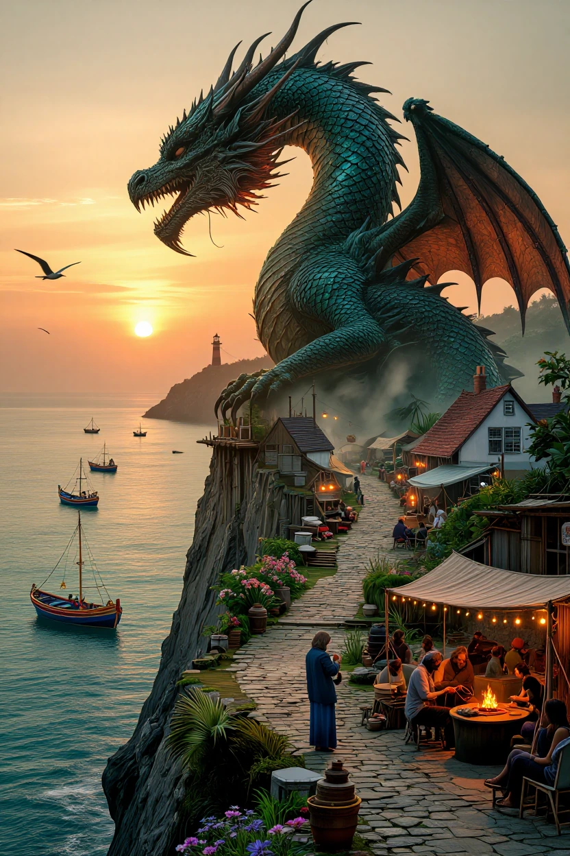Prompt: Create a hyper-realistic cinematic double exposure masterpiece of an ancient dragon who has retired from centuries of war and now lives peacef