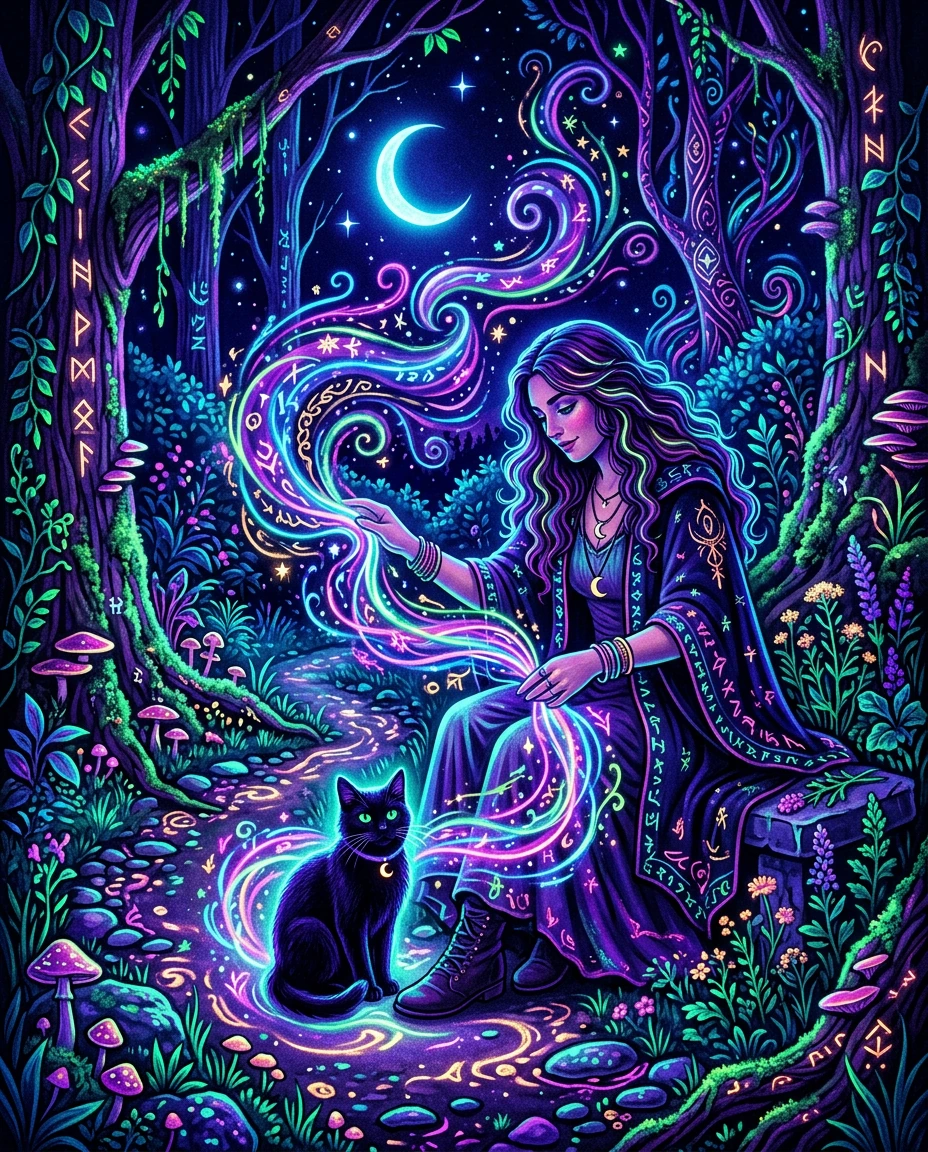 Blacklight style aesthetic, practical magic aesthetic, woman and her cat in the park, artsy swirls