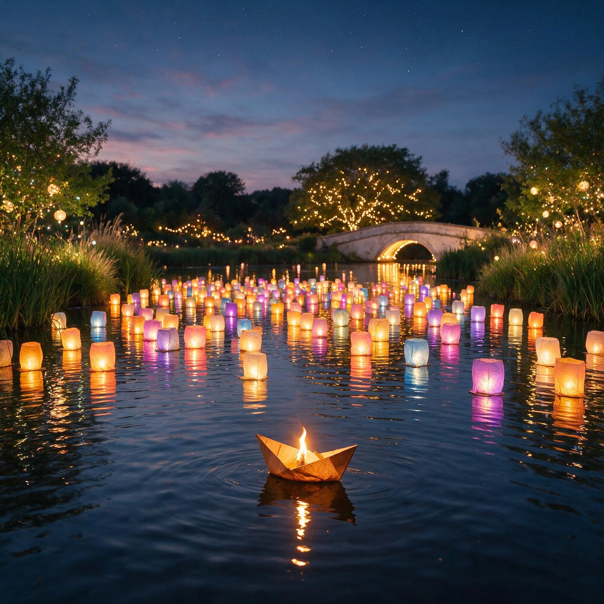 the last dance of a paper boat; A Formation of Floating Paper Lanterns of various colours form a wonderous kaleidoscope as they float around the Swannery at Abbotsbury Gardens, Dorset England, during their annual light show.