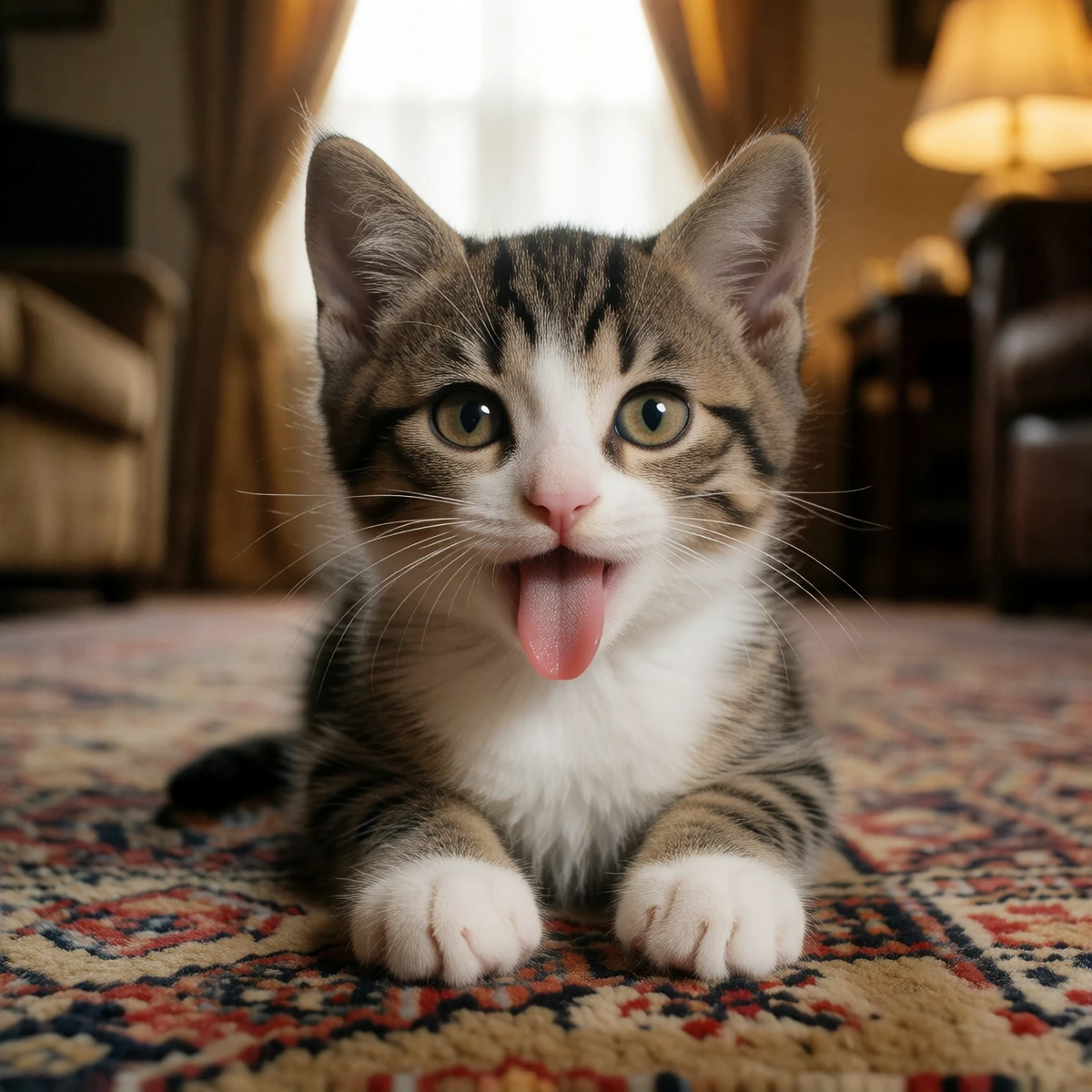 Cutest little kitten, sticking out his tongue or tongue out Tuesday. π maybe he is in a fancy living room, but make it a very amateur Kodak photo maybe like a Kodak Instamatic if you know what that is.
