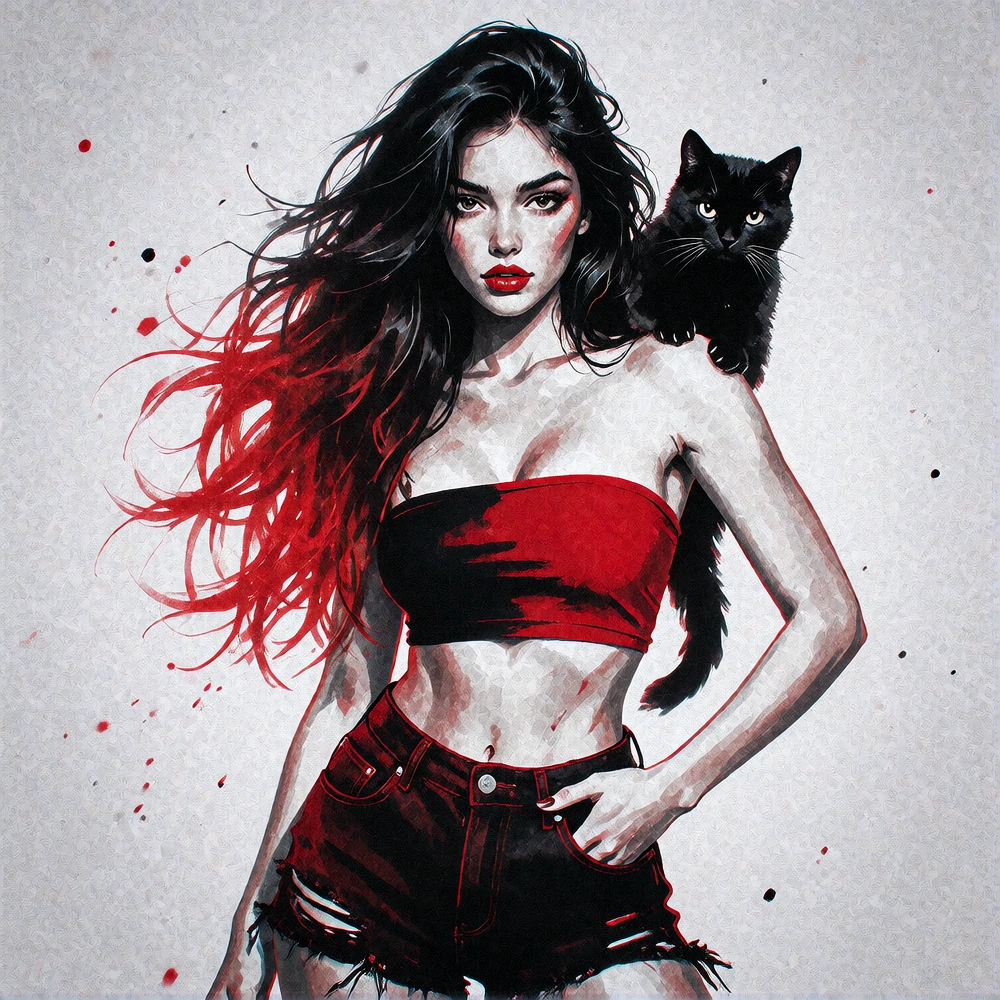 Beautiful woman black red ombre hair, cat on shoulder, red black jean cutoffs and red black tube top, India ink