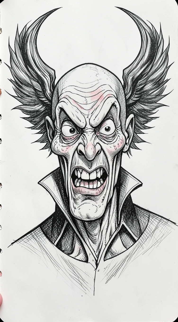 Turn the person in the photo into a grotesque, humorous fashion comic sketch. Keep only a close up of the person's head, as if it were an improvised creation by a street caricature artist, with heavily exaggerated anatomy, elongated proportions, dram