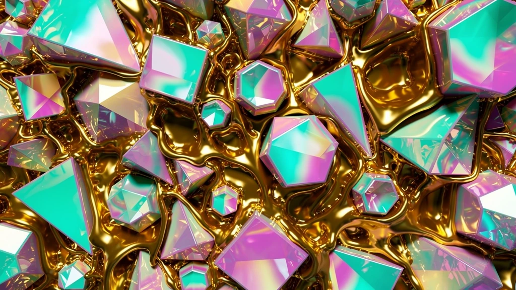 Iridescent Geometric shapes randomly filling the image, liquid gold in between