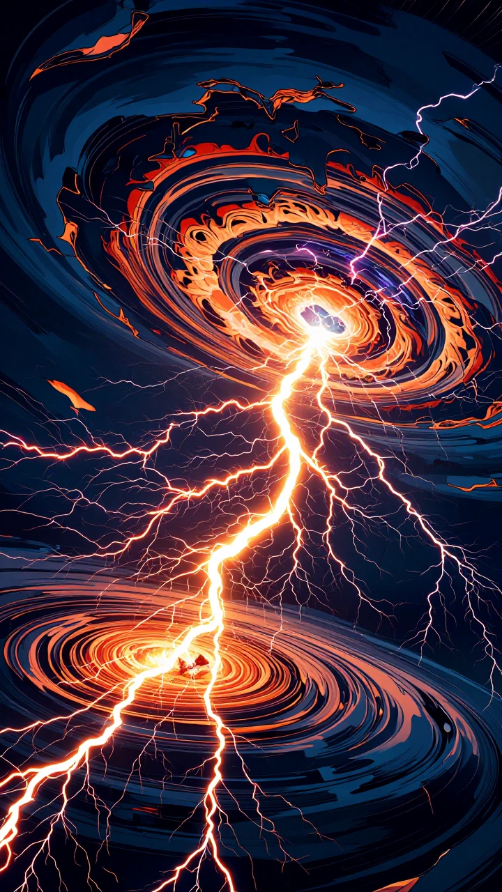 Cross-section of a lightning bolt at the moment of strike: a branching filament of pure white-hot plasma surrounded by a violent expanding shockwave o