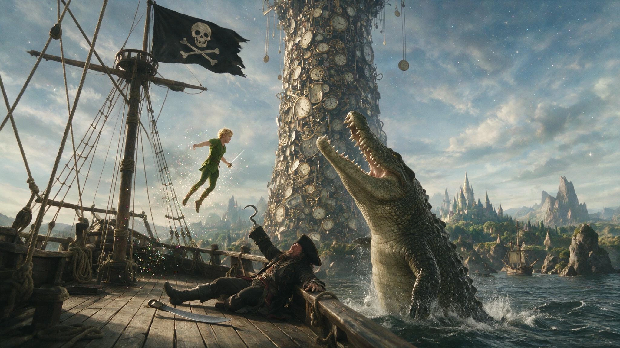 a tower built from borrowed clocks; Having smashed every clock in The Fairy Land and built a Tower of Timeless that stretches to the heavens and joins The Fairy Land with the real world and explains why nobody ages in The Fairy Land; The Pirate Capta