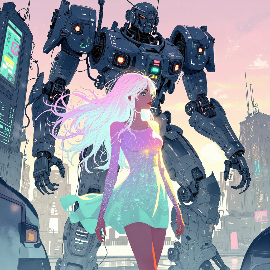 woman long flowing platinum ombre hair with her cat and a giant mech, wearing a lavender pink yellow seafoam green color block minidress, at sunrise, 3d airbrushed manga inspired