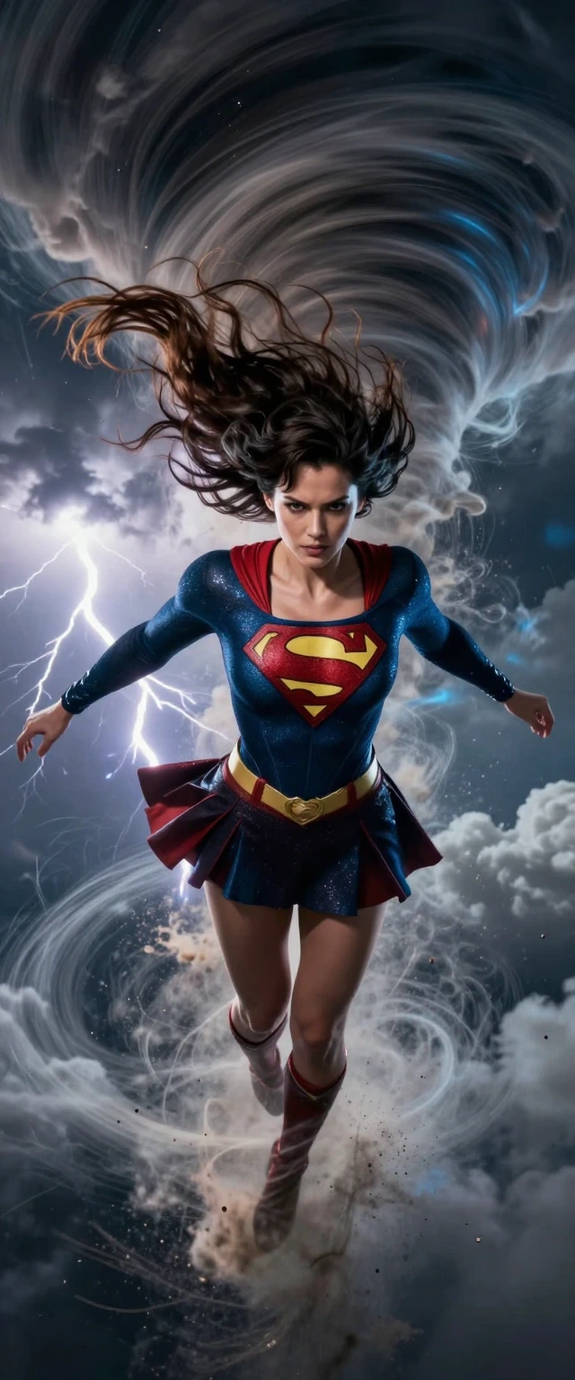 Woman with voluminous dark brown hair in sleek high ponytail, deep-V Superman suit with miniskirt, suspended mid-tornado with body twisted and hair whipped by violent spiral winds. High-speed freeze-frame: dust and debris frozen mid-swirl, expression