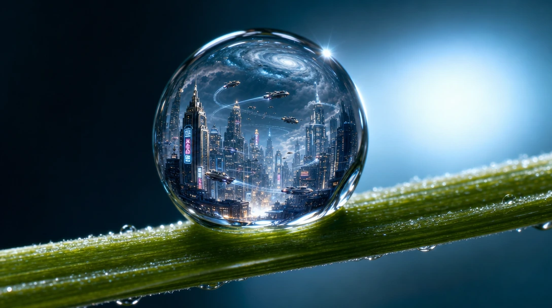 Macro photograph of a single raindrop suspended on a grass blade, its curved surface functioning as a lens containing a complete miniature cityscape: Art Deco skyscrapers with neon signage, flying vehicles in organized flight patterns, tiny atmospher