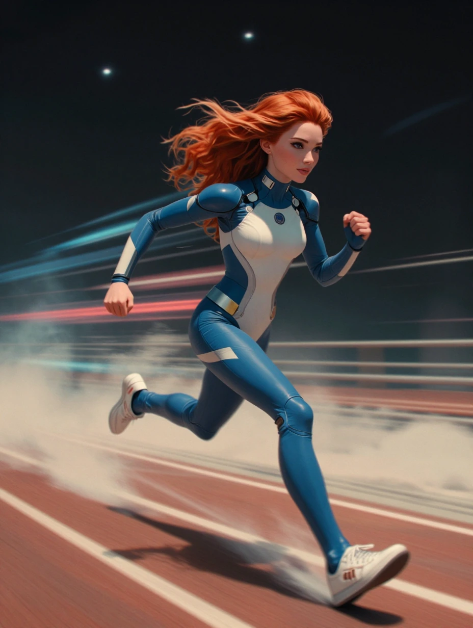 A beautiful red haired woman wearing a super sleek electric blue & white nano-armoured suit runs on a cosmic track at light speed creating a motion blur as she accelerates through the different energy levels of the Universe.