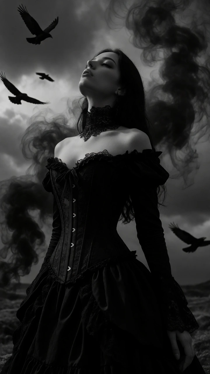 Cinematic monochrome photo, gothic woman, black Victorian corset, lace choker, head tilted back in trance. Flying ravens, dark mystical smoke, moody stormy sky. High resolution, detailed textures, dramatic lighting. Clean frame, no UI elements.