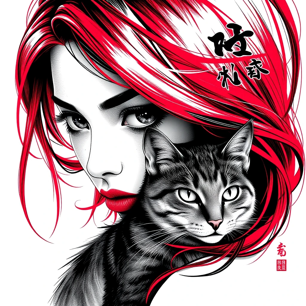 Japanese ink illustration. Woman platinum red ombre hair with a cat. Artsy swirls. Closeup portraits