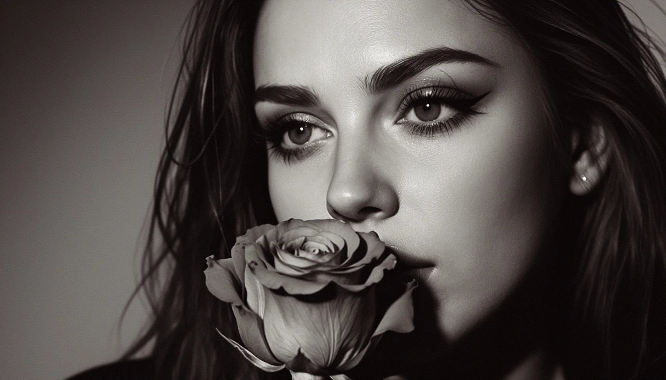 girl holding a single rose to her nose, facing front cinematic beauty stunning ig model frame lomo awesome shot, vintage gorgeous skin realism hot