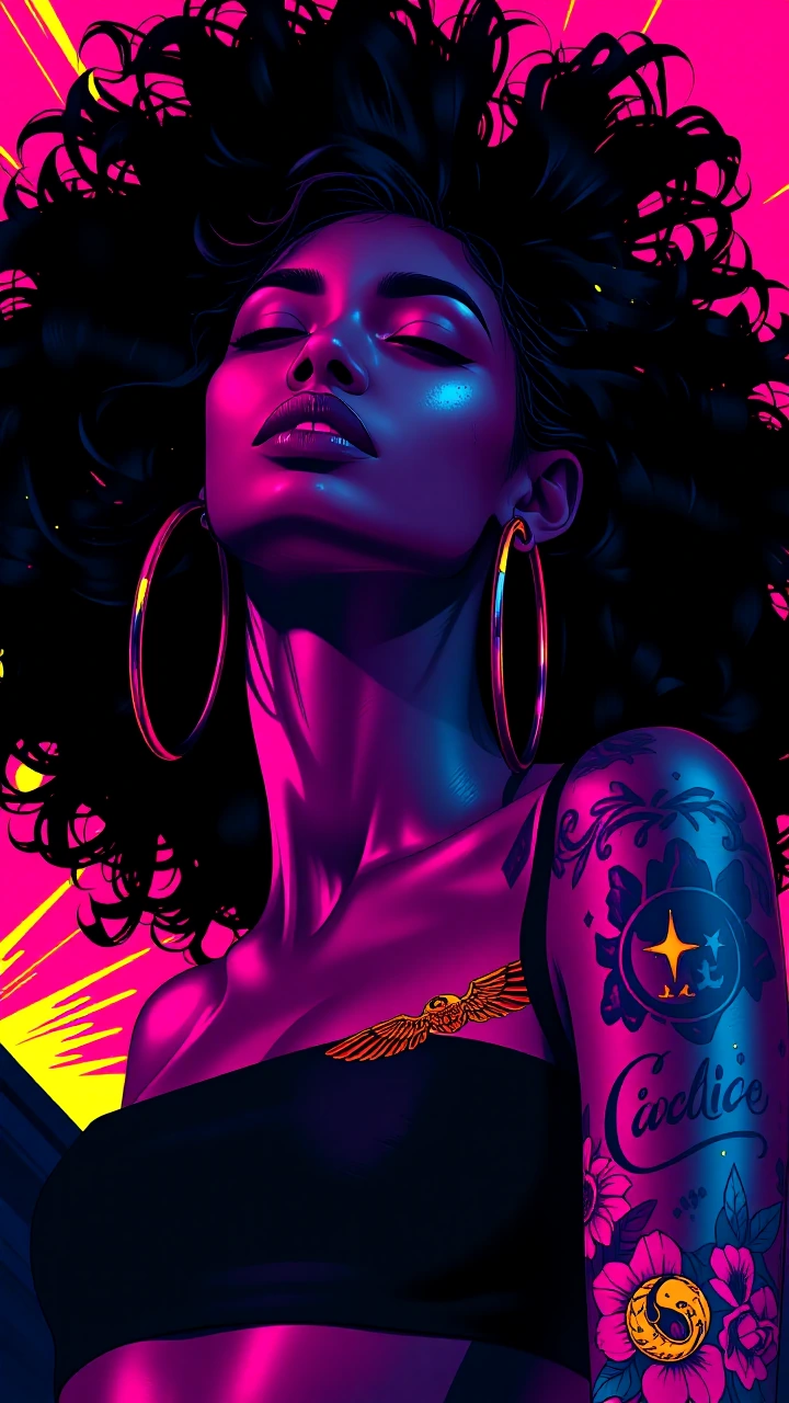 Pop art portrait, confident darkskinned woman with voluminous curly black hair, head tilted back, eyes closed, sultry empowered pose. Vertical midtorso to above head, black bandeau top, large gold hoop earrings. Bold comic style with cyan and hot mag