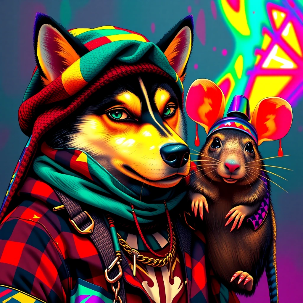 A cartoon image of a Ddrugged Husky dressed in rastafari clothes and a Pixelized rat image wearing a rastafari hat