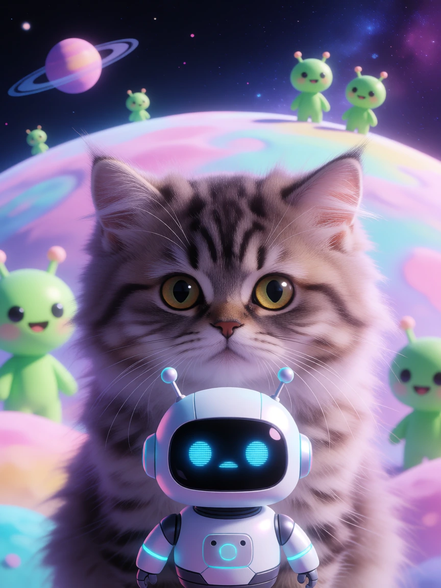 Galaxy theme good night, Beautiful fluffy kitten with a Kawaii robot, pastel alien planet with aliens in the background. Closeup on the kitten.