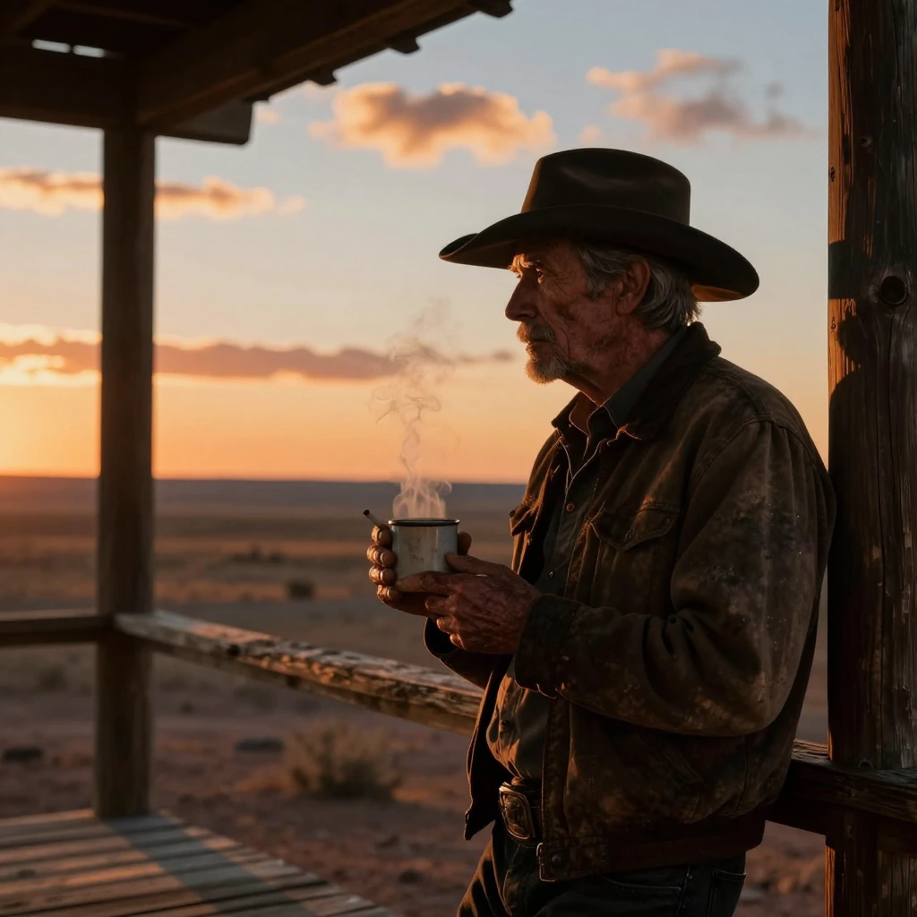 Weathered cowboy silhouette on rustic wooden porch, dawn light casting long shadows, holding steaming mug of coffee in weathered hands, lit cigarette 