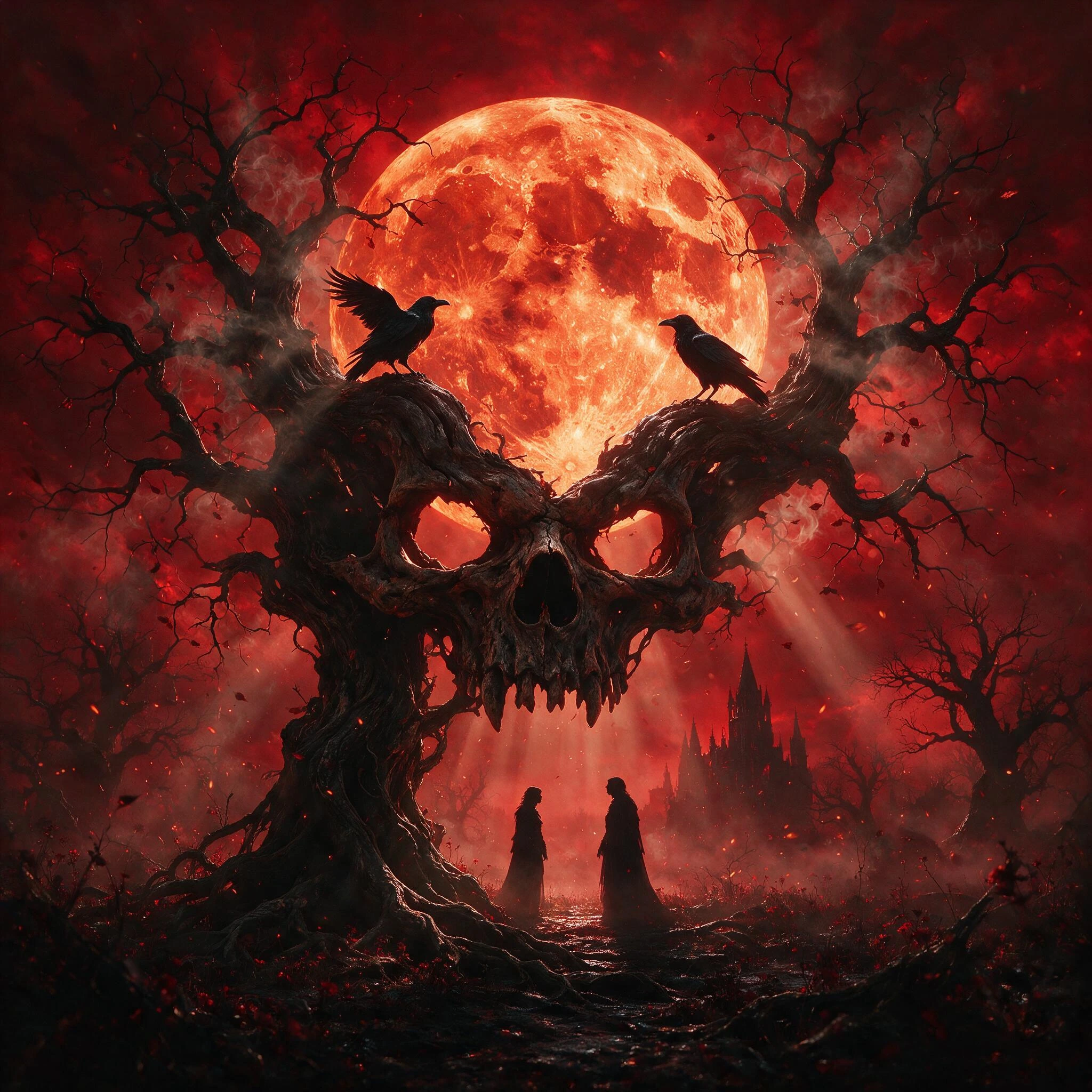 A dark and macabre masterpiece, rendered in a palette of deep, saturated crimson reds. At the top centre, a large, full, textured red-orange moon dominates the upper part of the background. This moon is framed by two massive, gnarled dead tree branch